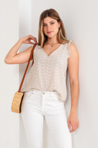 Musculosa V Linen Embrodery con volados